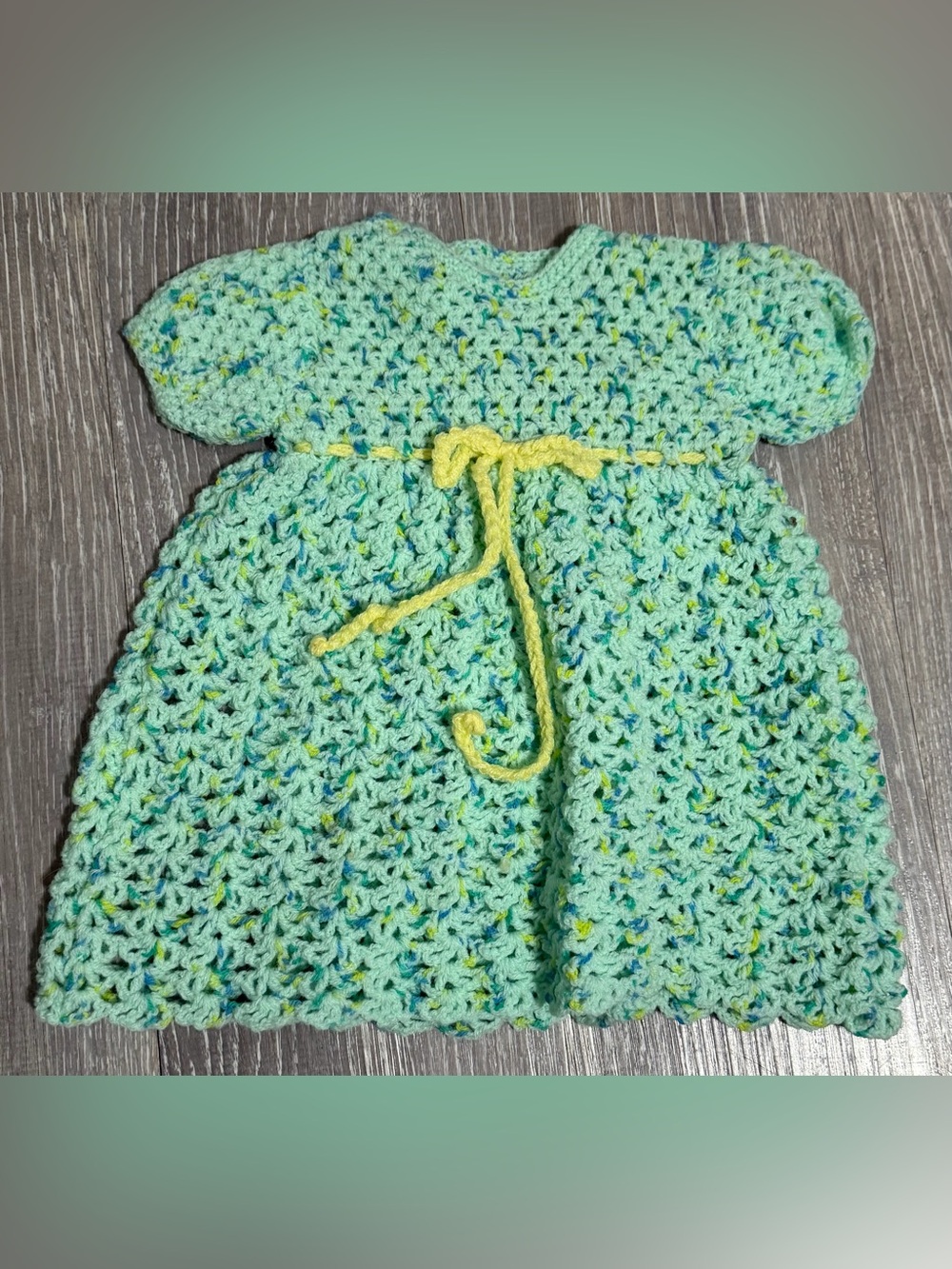 Handmade Mint Crochet Kids Dress with Yellow Waist Tie